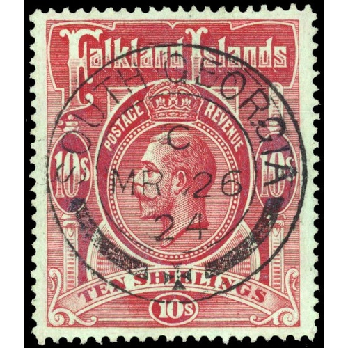 523 - 1912-23 10s red on green, neatly cancelled by SOUTH GEORGIA/MR 26/24 double-ring ds