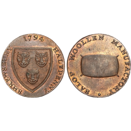 491 - Salop. Shrewsbury , Isaac Wood Halfpenny 1793, Arms of Shrewsbury, rev. Wool-pack, edge PAYABLE AT L... 