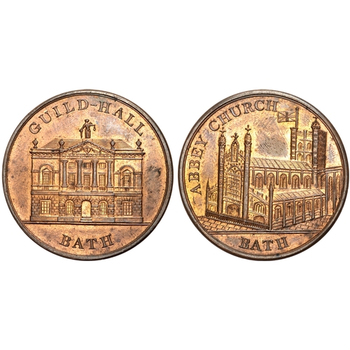 492 - Som. Bath, Lutwyches Penny/medalet (1790s), View of Abbey Church, rev. View of Town Hall , edge pla... 