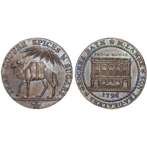 493 - Som. Bath , Mary Lambe & Son (grocer) Halfpenny 1794, View of India House, rev . Camel standing left... 