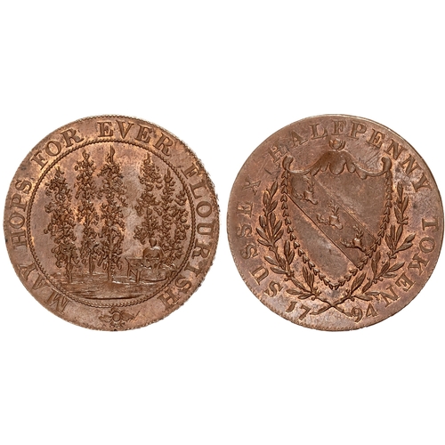 51 - Kent , Lamberhurst , Thomas Foster (hop-farmer) Halfpenny 1794, View of a picker in a hop field, rev... 