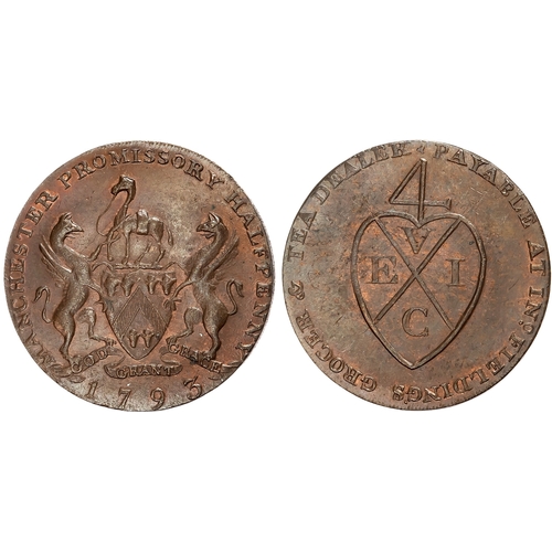 63 - Lancs.  Manchester , John Fielding Halfpenny 1792, Grocers Arms and supporters, rev. East India Co.... 