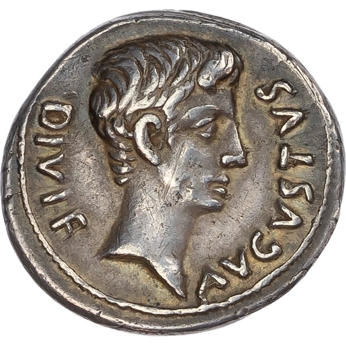 87 - Augustus (27 BC  AD 14) with Divus Julius Caesar, AR Denarius, Rome, 17 BC, M. Sanquinius, moneyer.