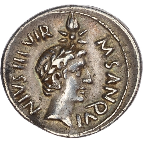 87 - Augustus (27 BC  AD 14) with Divus Julius Caesar, AR Denarius, Rome, 17 BC, M. Sanquinius, moneyer.