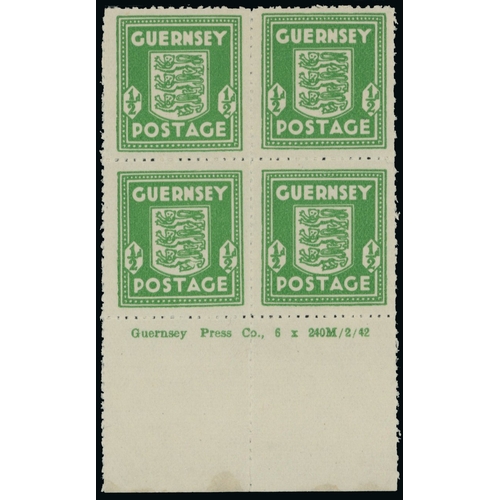 176 - 1941-44 Arms of Guernsey (SG1-5) group of mint imprint blocks