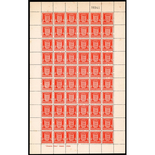 177 - 1941 Jersey Arms 1d Scarlet War Occupation issue. Two unmounted o.g. complete sheets of sixty.