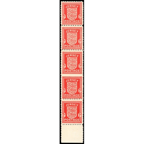 181 - 1941 Jersey 1d Scarlet. Unmounted o.g. vertical strip of five, showing imperforate between vertical ... 