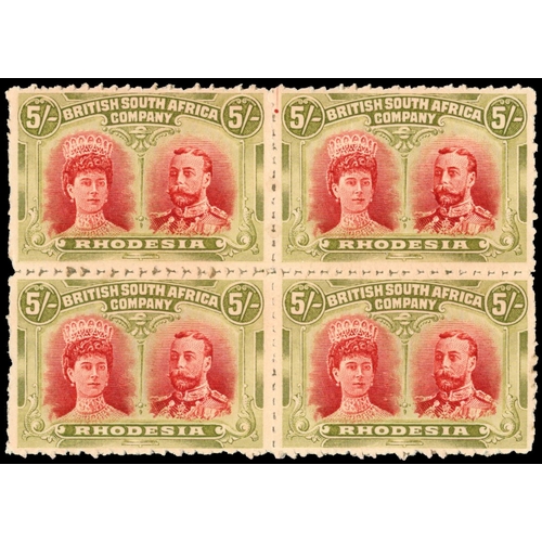 610 - 1910-13 ‘Clandestine’ roulettes, 5s deep rose-red and yellow-green, block of 4 with gum, a fine mult... 