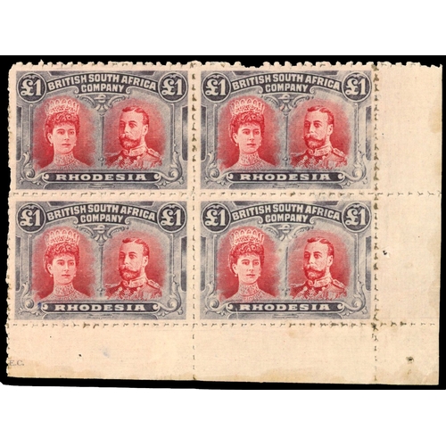 613 - 1910-13 ‘Clandestine’ roulettes, £1 carmine-red and bluish black, lower right corner block of 4 with... 