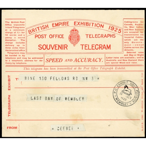 150 - 1925 1d British Empire Exhibition. Very fine used example tied to a Souvenir telegram form by a cris... 