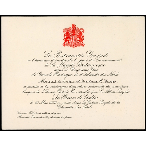 167 - 1929 Postal Union Congress. Invitation card from the Postmaster General embossed with the Royal Coat... 