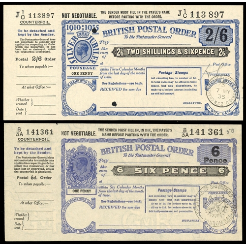 187 - POSTAL ORDER: 1935 Silver Jubilee 6d, 1s and 2s6d Poundage, 1d blue and black, all cancelled by firs... 