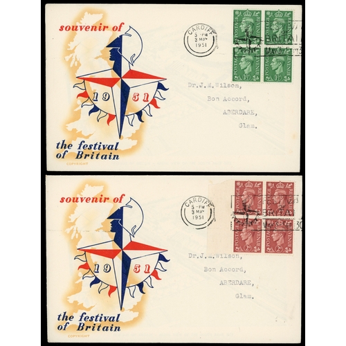 231 - 1951 (3 May) New Colours ½d to 2½d set of five in block of four used on individual illustrated first... 