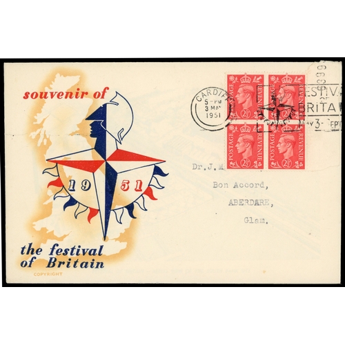 231 - 1951 (3 May) New Colours ½d to 2½d set of five in block of four used on individual illustrated first... 