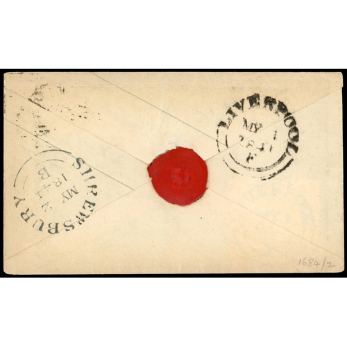 49 - 1841 1d Pink, Postal Stationary envelope. Fine example sent from Liverpool to Shrewsbury cancelled b... 