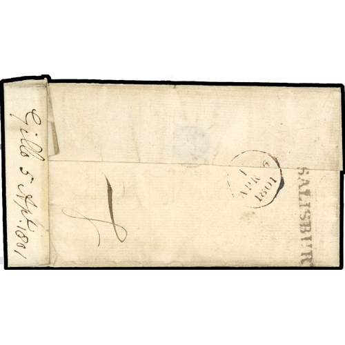 8 - 1801 Pre-stamp. Entire sent from Salisbury to London used on the first day of the new 1801 (April 5t... 