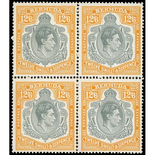 113 - 1943 (March) 12/6d pale bluish grey and orange-yellow block of four, #s 21-34 with HPFs #21e, 22b, 3... 