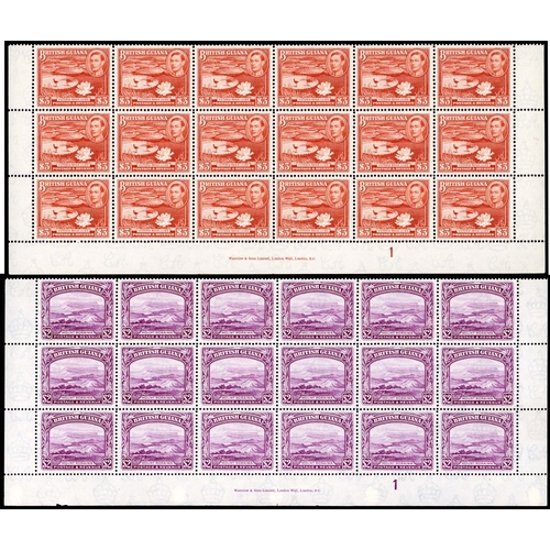 129 - 1950 $2 and 1952 $3 perf 14 x 13 lower three rows of sheet of each, with imprint and Plate 1, unmoun... 