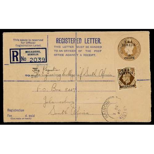 144 - Postal Stationery.  1949 40c on 5½d bistre registered envelope, size G, uprated with BMA 1/-, to Sou... 