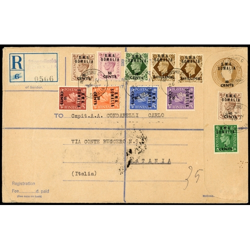 145 - Postal Stationery.  1945 registered envelope to Catania, with BMA/40c surcharge, BMA adhesives to 1/... 