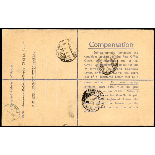 145 - Postal Stationery.  1945 registered envelope to Catania, with BMA/40c surcharge, BMA adhesives to 1/... 