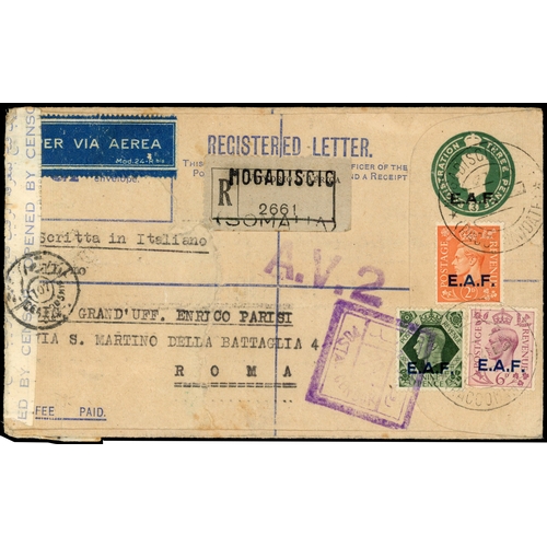 146 - Postal Stationery.  1945 3d green size G envelope to Rome, uprated with EAF 2d, 6d and 9d tied by Mo... 