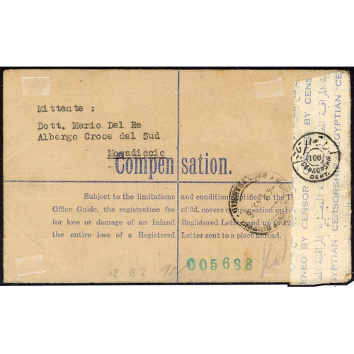 146 - Postal Stationery.  1945 3d green size G envelope to Rome, uprated with EAF 2d, 6d and 9d tied by Mo... 