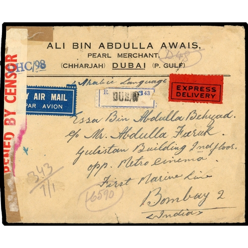 151 - 1943 envelope from a Pearl Merchant at Chharjah, Dubai registered label and red EXPRESS DELIVERY lab... 