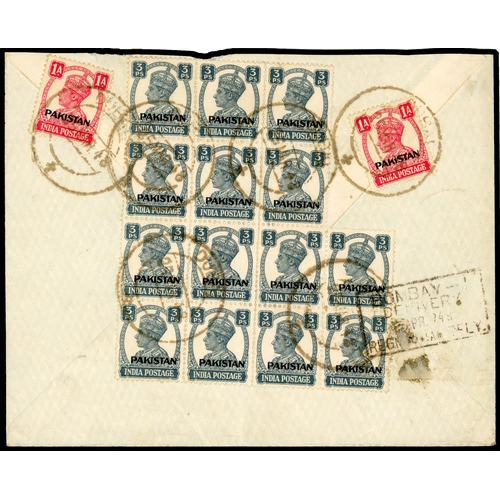 153 - Postal History.  1948 registered envelope to Bombay franked on reverse by Pakistan block of fourteen... 