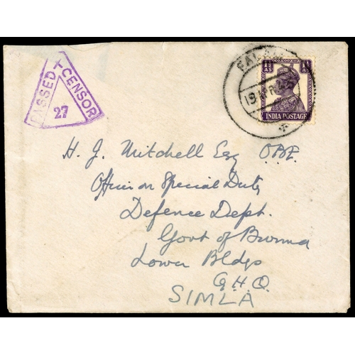 169 - 1943 envelope to Simla bearing 1½a Indian stamp cancelled Falam, 19 APR.  The envelope slightly redu... 