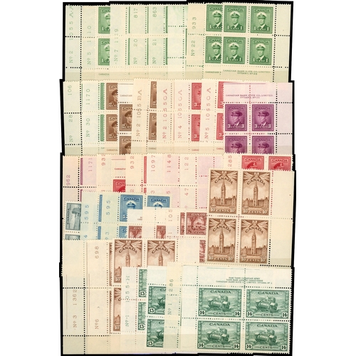 172 - 1942-8 War Effort set of fourteen in o.g. Plate blocks of four, with additional blocks with differen... 