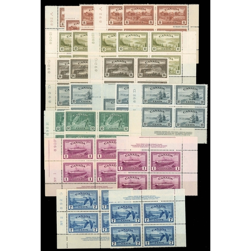 173 - 1946 Peace set of seven in unmounted o.g. Plate blocks of four, two sets (different corners or numbe... 