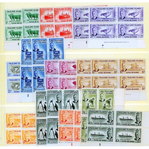 239 - 1938 a few values in blocks, with a ½d block of 24 showing a confetti flaw; 1952 values in both Plat... 