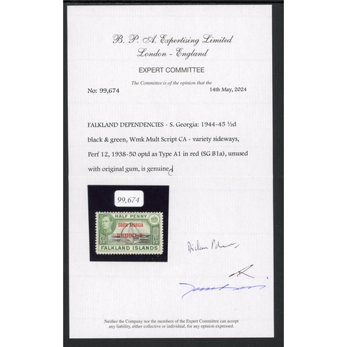 240 - South Georgia. 1944-45 ½d black and green with watermark sideways, unmounted o.g. Rare. BPA cert (20... 