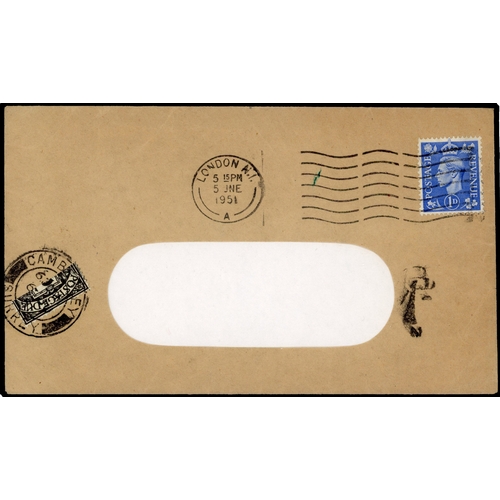 3 - Postage Due.  1951 window envelope from London to Camberley, franked solely with 1d light ultramarin... 