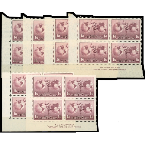 30 - 1948 1/6d Hermes on thin ordinary paper McCracken imprint blocks of four, thirty-four examples, unmo... 