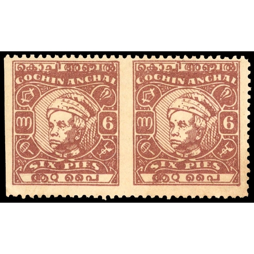 303 - 1948 6p chestnut horizontal pair, vertical perfs at left and centre omitted, o.g. with some adhesion... 