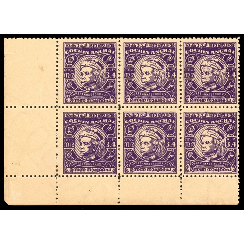 304 - 1948-50 3a4p violet lower left corner block of six, unmounted o.g.  The first two stamps in the lowe... 