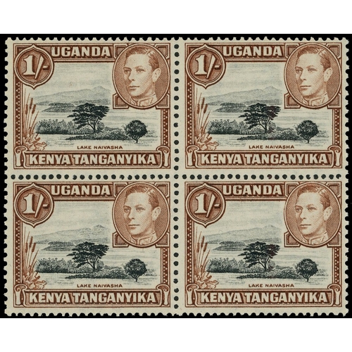 338 - 1942-9 1/- perf 13 x 11¾ block of four, lower left stamp with R6/7 Mountain retouch.  Fine o.g., hin... 