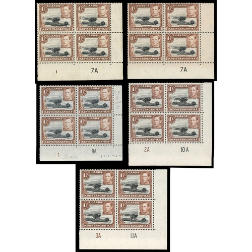 339 - 1949-54 1/- perf 13 x 12½ Plate blocks mint.  Plate 1-7a two blocks, the first (hinged on one stamp)... 