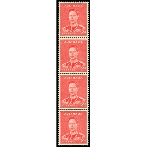 34 - 1941 2d scarlet coil strip of two pairs, fine unmounted o.g.  Unusual multiple, with very good perfs... 