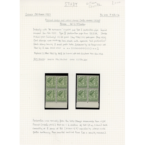 37 - 1951-62 2d yellow-green collection (308), no coil stamps, well written up on leaves.  Includes parti... 