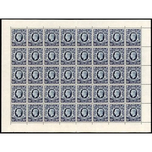 4 - 1939 10/- dark blue sheet of forty, unmounted o.g., central fold, some minor bends.  Includes R1/4 b... 