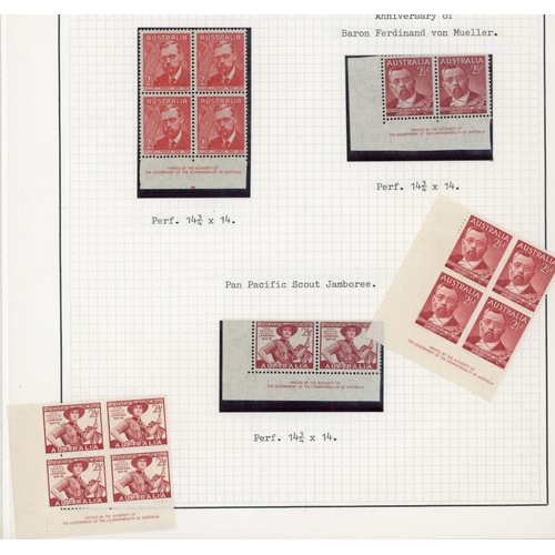 42 - 1937-49 commemoratives from various sources.  1937 NSW imprint blocks, hinged on upper stamps only. ... 