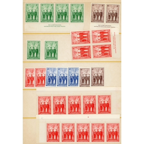 42 - 1937-49 commemoratives from various sources.  1937 NSW imprint blocks, hinged on upper stamps only. ... 