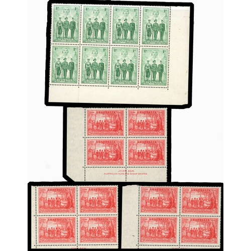 42 - 1937-49 commemoratives from various sources.  1937 NSW imprint blocks, hinged on upper stamps only. ... 