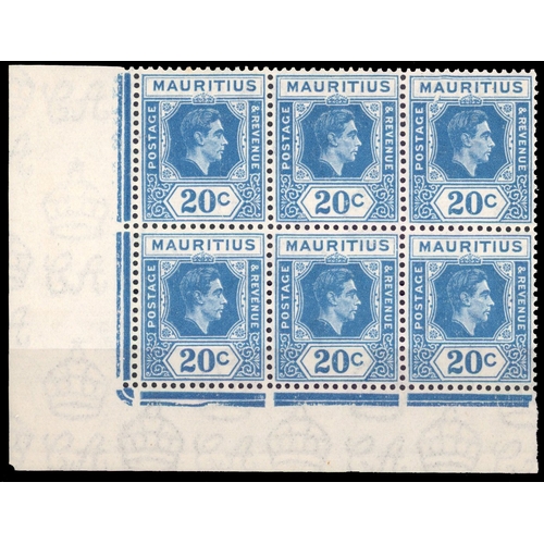 429 - 1938-49 20c blue corner block of six, unmounted o.g., Plate 2 R9/3 broken frame.  Very fine and rare... 