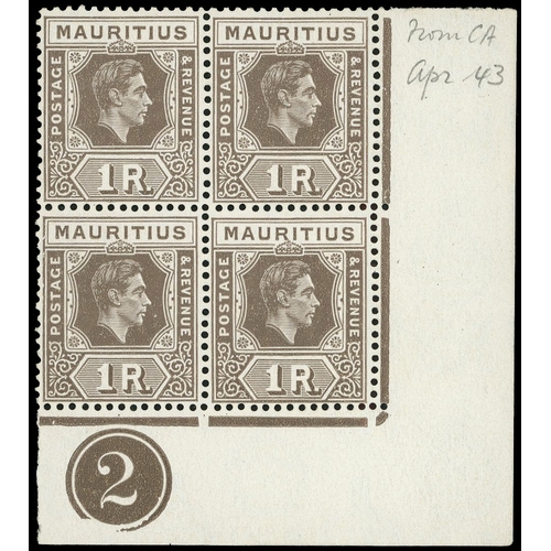 430 - 1943 1r grey-brown on ordinary paper lower right corner block of four with R10/5 serrated edge, unmo... 