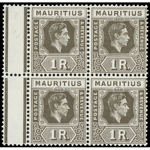 431 - 1949 1r drab on chalky paper marginal block of four, lower left stamp with R6/1 RP battered ‘A’, fin... 