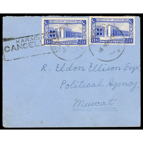 444 - 1948 neat envelope to Muscat with Pakistan Independence 1½a (2) tied by Guadur CDSs of 16 NOV, and b... 